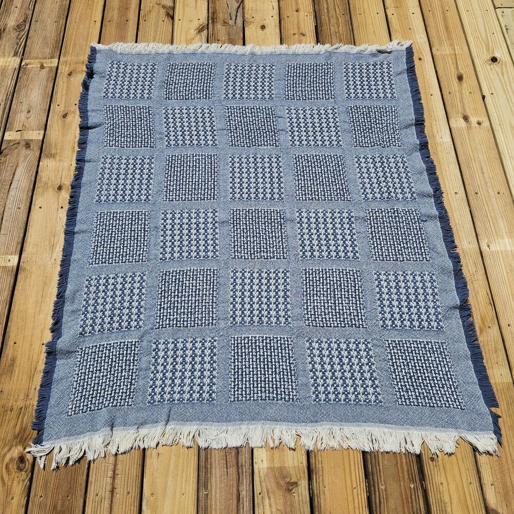 Blue Woven Throw Blanket Fringe Farmhouse Cottage Check Pattern 58x48